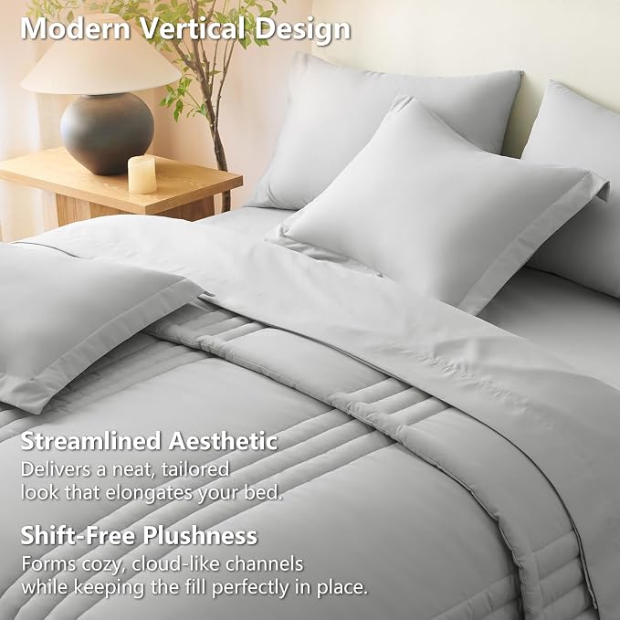 King Size Comforter Set Light Grey- 7 Pieces Bed in a Bag | OEKO-TEX Certified, 240GSM Down-Alternative Comforter, 14" Deep-Pocket Sheets, Shams & Pillowcases, Lightweight