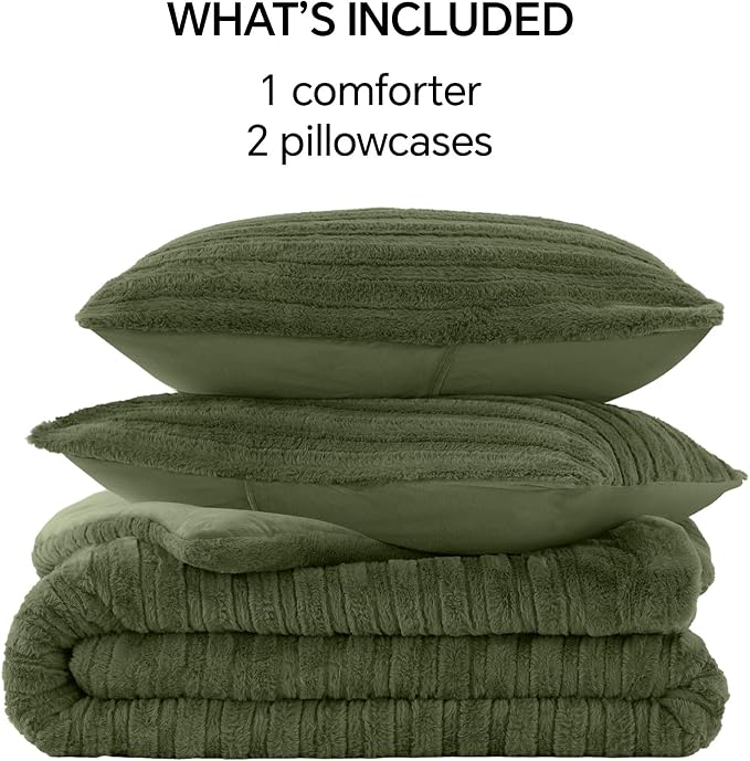 BEDELITE Faux Fur Queen Comforter Set, Fluffy Bed Set, Olive Green | Super Soft & Warm, Luxury Fuzzy Cozy Comforter for Winter, Heavy Plush Bed set, with 2 Pillowcases