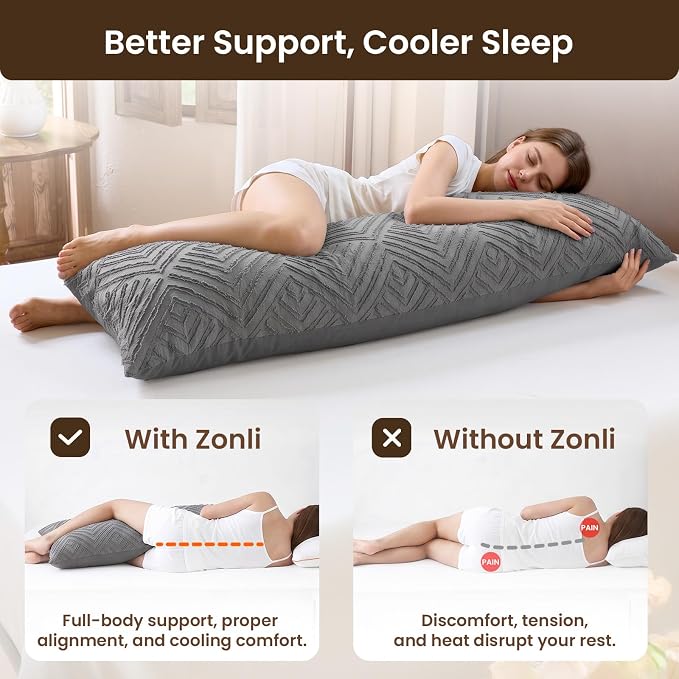 ZonLi Body Pillow for Adults Side Sleeper & Pregnancy - Memory Foam Insert Long Body Pillow 20 x 54 Inch with Tufted Boho Diamond Jacquard Pillowcase, Dark Grey