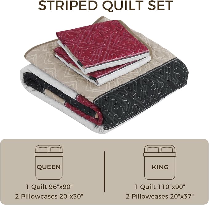 Cottolester Quilts Queen Size,Black Red Striped Bedspread Coverlet Set | Lightweight Patchwork Quilted Bedding Set with 2 PillowShams,Soft Microfiber,All Seasons Quilts Queen Size for Bed 96"x90"