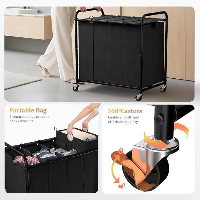Laundry Sorter 4 Sections 48 Gal, Rolling Laundry Basket with Wheels ＆ Lid | Laundry Hamper, 4 Separated Removable Bags, Lockable Wheels, Dirty Clothes Hamper for Laundry Room Organizer, Black