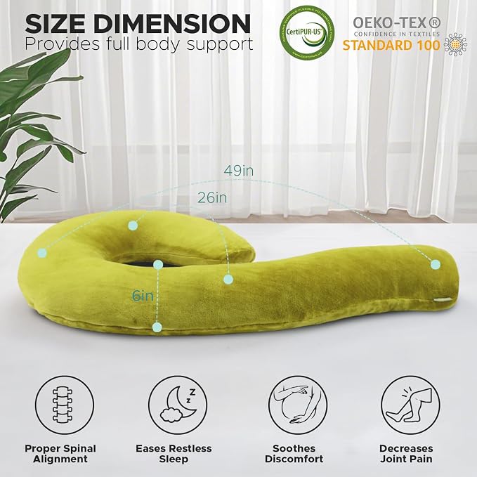 Body Pillow for Adults, Swan Body Pillow Insert for Sleeping, Green, 49 In | Side Sleeper Pregnancy Bed Pillow, Soft Fabric, Shredded Memory Foam and Removable Washable Cover
