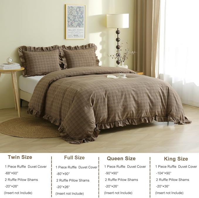 Silnuo Warm Camel Plaid Gingham Ruffle 3-Piece Duvet Cover Set Queen Size | 100% Washed Cotton Shabby Checkered Plaid Bedding Set Farmhouse Comforter Set(Queen,Warm Camel)