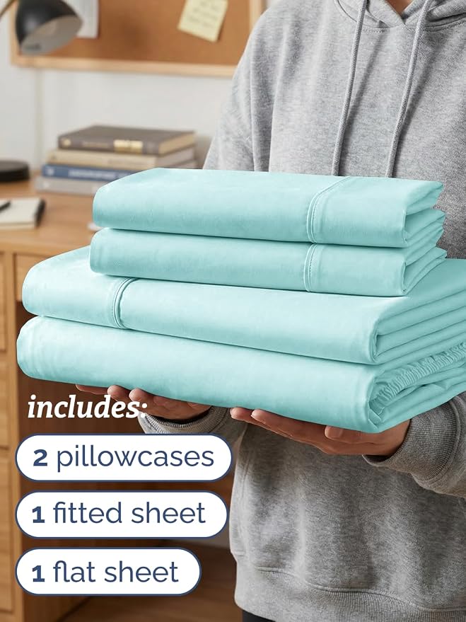 Twin XL 4 Piece Sheet Set - College Dorm Room Essentials - Spa Blue | Ultra Soft Dorm Bedding Set, 8" to 16" Inch Deep Pockets, 1 Flat & 1 Fitted Sheet & 2 Pillowcases, Wrinkle & Fade Free