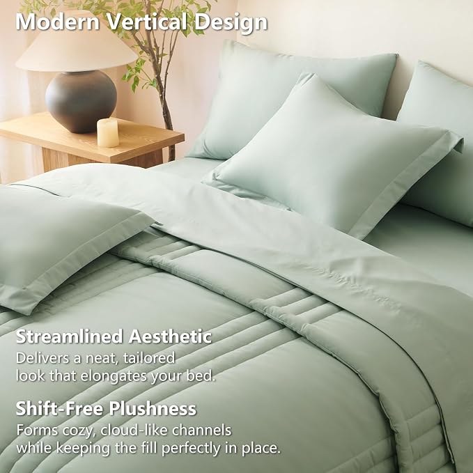 King Size Comforter Set Sage Green- 7 Pieces Bed in a Bag | OEKO-TEX Certified, 240GSM Down-Alternative Comforter, 14" Deep-Pocket Sheets, Shams & Pillowcases, Lightweight
