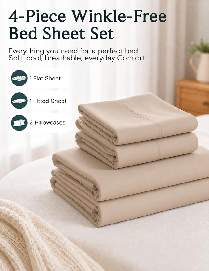 LuxClub 4 PC Full Sheet Set, Deep Pockets Wrinkle Free Cooling Bed Sheets Hotel Bedding for Women, Men, Kids & Teens, Includes 1 Fitted Sheet, 1 Flat Sheet and 2 Pillowcases-Soft Light Khaki | LuxClub Silky Fitted Sheet & Pillowcase Sets, Breathable Ho...