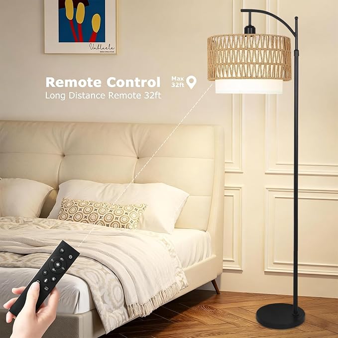 ZECOXOL Arc Floor Lamp for Living Room Boho Floor Lamps with Remote Control & with 3 Color Temperatures,Rattan Wicker Standing Lamp Dimmable Tall Floor Lamp for Bedroom Living Room Corner