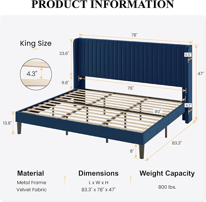 SHA CERLIN King Size Velvet Bed Frame, Tufted Wingback Headboard, Blue | 47'' Modern Vertical Channel Headboard, Upholstered Platform Bed, Wood Slats, No Box Spring Needed, Easy Assembly, Noise Free