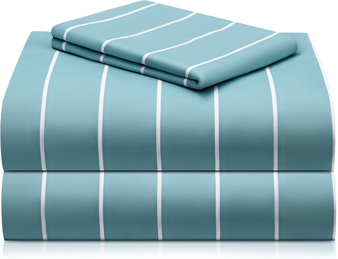 LuxClub Striped Sheets, 3 PC Striped Bed Sheets Twin Size, Deep Pockets 18" Eco Friendly Wrinkle Free-Kids-Fitted Sheets Machine Washable Hotel Bedding (Twin, Light Blue) | LuxClub Silky Fitted Sheet & Pillowcase Sets, Breathable Hotel Luxury Bedding f...
