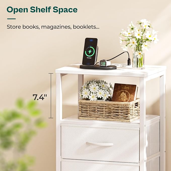 Huuger Nightstand with Charging Station, Side Table with Fabric Drawers | End Table with Open Shelf, Bedside Table with USB Ports and Outlets, Night Stand for Bedroom, Bed Side Table, White