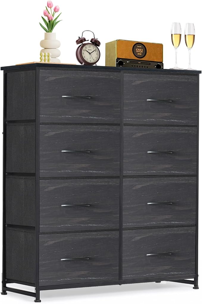 8-Drawer Dresser for Bedroom, Anti-Tip Tall Storage Organizer | Chest of Drawers with Wooden Top and Metal Frame Fabric Bins for Closet, Living Room, Hallway, Entryway, Charcoal Black