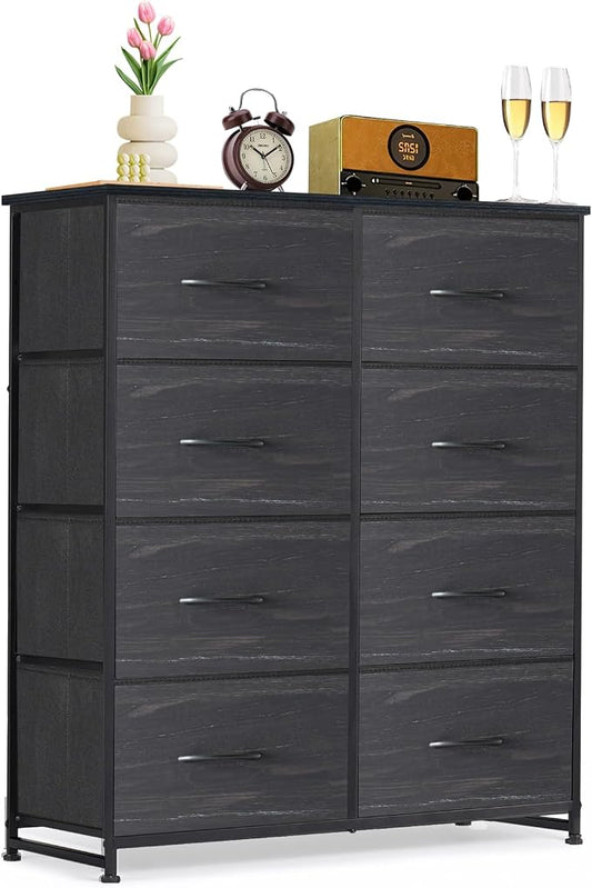 8-Drawer Dresser for Bedroom, Anti-Tip Tall Storage Organizer | Chest of Drawers with Wooden Top and Metal Frame Fabric Bins for Closet, Living Room, Hallway, Entryway, Charcoal Black