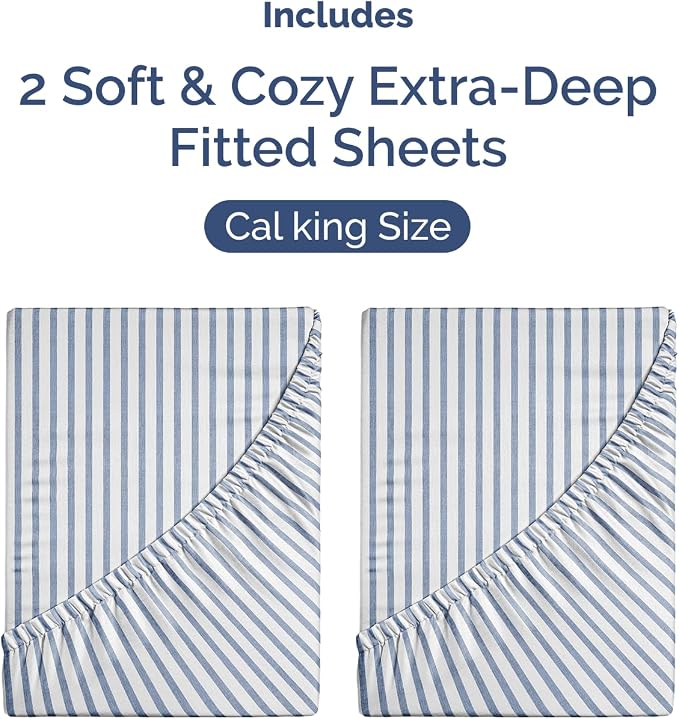 2 Pack Extra Deep Cal King Fitted Sheets with Deep Pockets - Blue Stripes | Hotel Luxury Bottom Fitted Sheets Only, Soft, Fade & Wrinkle Free, Breathable & Comfy, All Around Elastic Fitted Sheets