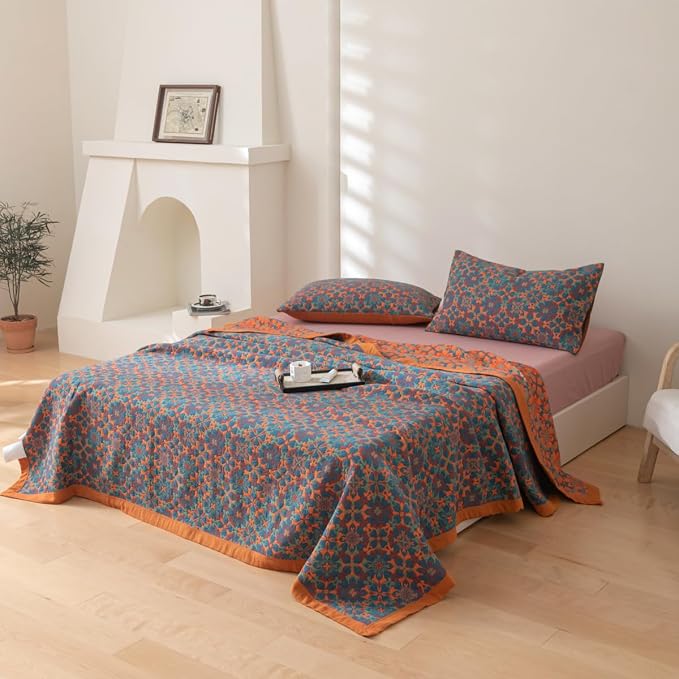 100% Cotton Muslin Blanket Jacquard Bohomian Mandala Floral Print Quilt, Soft Bed Cover 3 Layers Reversible Bedspread Coverlet Breathable Lightweight Bedding Twin(59"x94"), No Pillow Sham