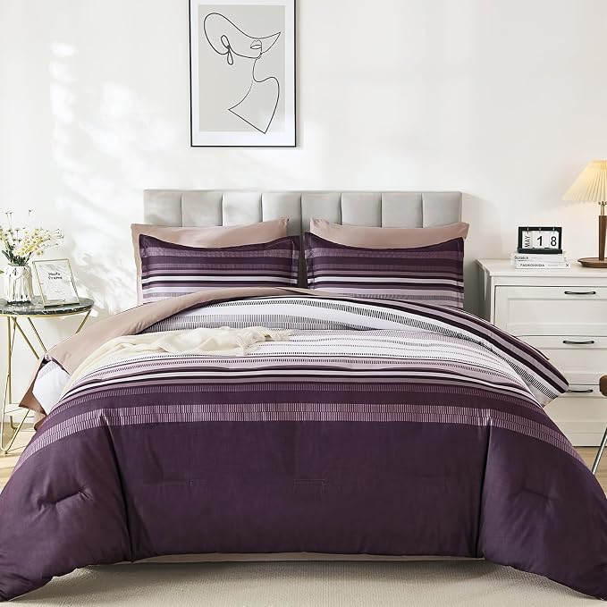 Dobuyly Purple Comforter Set King Size 7 Piece, Boho Striped Bed in a Bag King Soft Microfiber Bedding Sets with Comforter, Sheets, Pillowcases & Shams All Season