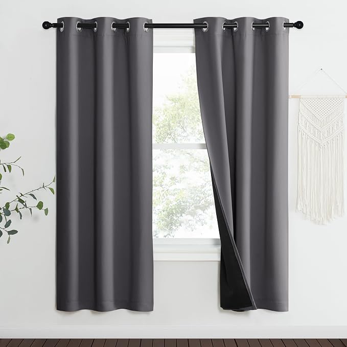 NICETOWN Grey Full Shade Curtain Panels, 37" Wide x 70" Long, Gray, Pair of Thermal Insulated & Energy Efficiency Blackout Curtains for Living Room Windows, Lined Silky Performance Window Dressing | Full Shade Thermal Insulated Energy Efficiency Room D...