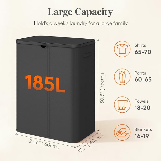 Lifewit 185L 3 Section Laundry Hamper with Lid, Laundry Basket, Black | Large Foldable Laundry Sorter with 3 Removable Bags, Tall Clothes Hamper for Bedroom and Bathroom