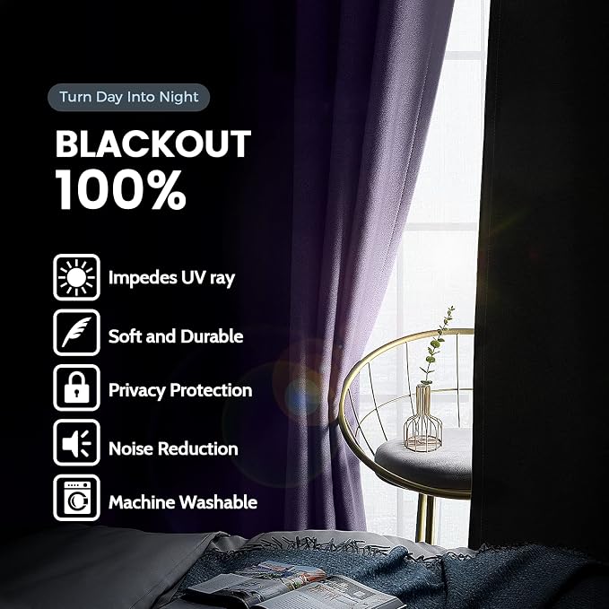 SimpleHome Lilac 100% Blackout Curtains Room Darkening Living Room 36 Inch | Curtains for Bedroom,Thermal Insulated Grommet Window Drapes,Curtains for Living Room with Black Back,52 x 36 Inch,2 Panels