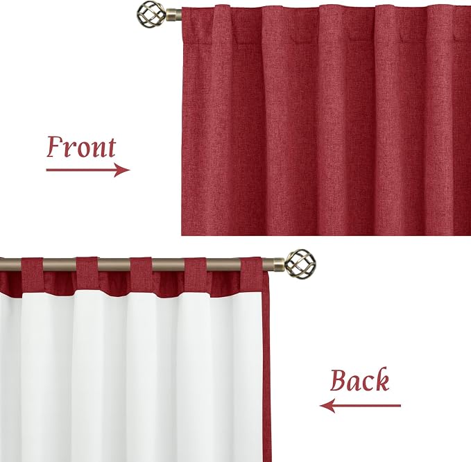Red 100% Blackout Linen Bedroom Curtains 84 Inch with White Liner | Privacy, Christmas Decor, Living Room Curtains, Room Darkening, Rod Pocket Back Tab, Neutral Drapes, 2 Panels, 52 x 84 Inch