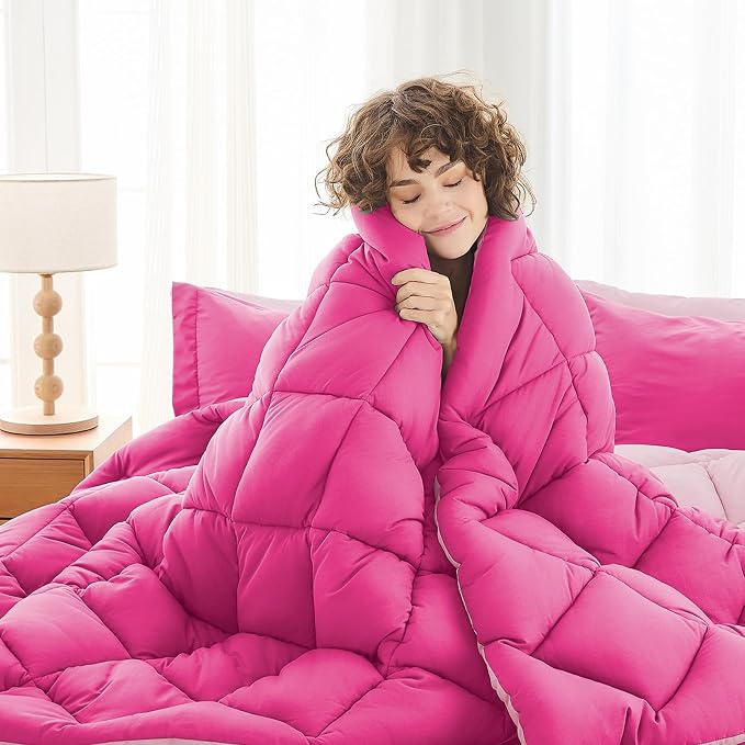7 Pieces Oversized King Comforter Set, Reversible Bed in a Bag Oversized King Size, All Season Bedding Set with Comforter, Flat Sheet, Fitted Sheet, Pillowcases & Shams, Hot Pink & Baby Pink