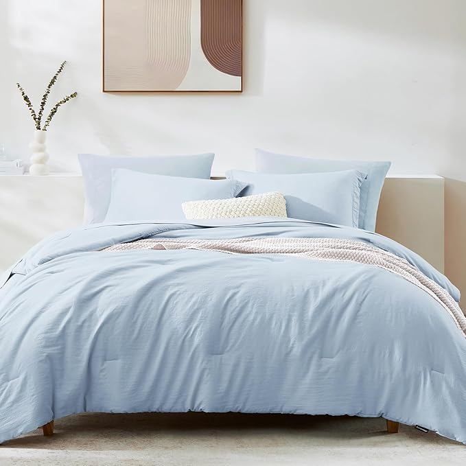 King Size Comforter Set- 7 Pieces Prewashed Bed in a Bag King Bedding Sets | Soft All Season Comforter with Sheets, Pillow Shams & Pillowcases,Ice Blue