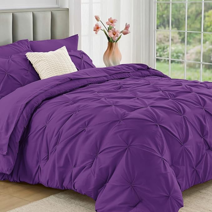 JOLLYVOGUE King Size Comforter Set 7 Pieces - Bed in a Bag King for All Season, Pintuck Bedding Comforter Sets with Comforter, Flat Sheet, Fitted Sheet and Pillowcases & Shams, Purple