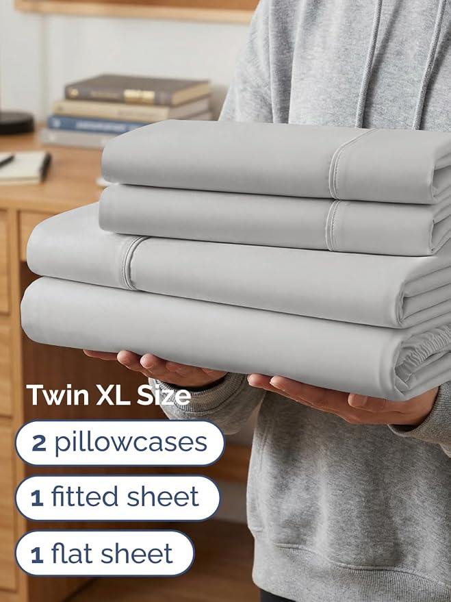 Extra Deep Twin XL Sheet Set - 4 Piece College Dorm Room - French Grey | College Dorm Room Essentials, Easy & Secure Fit, Ultra-Soft, Wrinkle & Fade Free, Comfy Sheets Set with Extra Deep Pockets