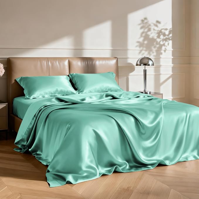 Love's cabin Satin Twin Sheets Set, 3 Piece Aqua Silky Bed Set | Luxury Silk Feel Satin Twin Size Bedding Set with Deep Pocket (1 Flat Sheet,1 Fitted Sheet,1 Pillow case)