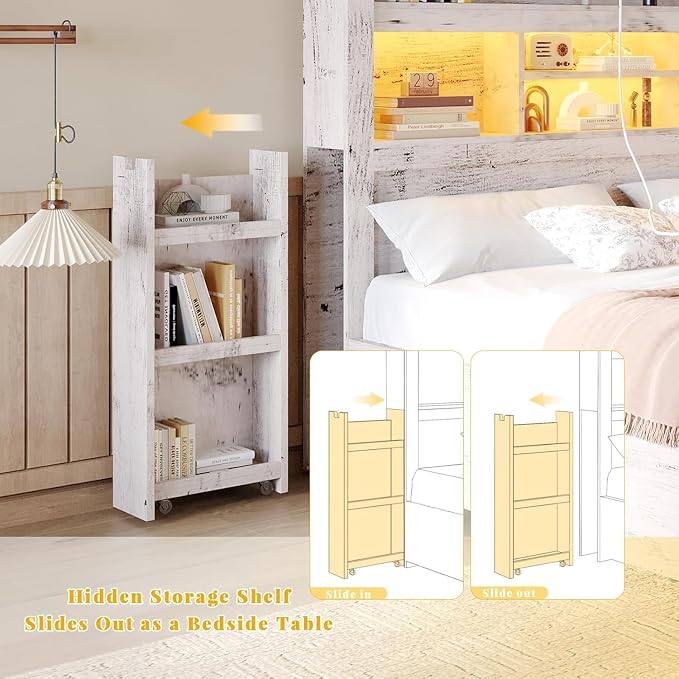 LUXOAK California King Bed Frame with Storage, Distressed White | 49.6" Headboard, Wood Platform Bed, Charging Station, Bedside Storage, 4 Storage Drawers, No Box Spring Needed, Farmhouse