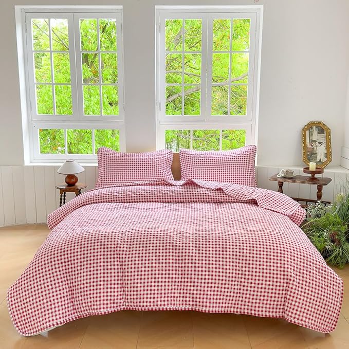 NSNLGSGC Red Gingham Twin Summer Bedspread Quilt Set | Pre-washed Microfiber,Lightweight Checked Grid Bedding Coverlets for All Seasons