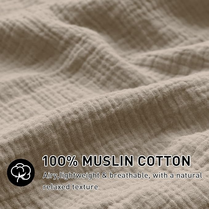 EMME Muslin Cotton Duvet Cover Set Twin Size Khaki Linen Like Soft Breathable Lightweight Summer Comforter Cover Set with Zipper Closure (Khaki, Twin, 68"x90")