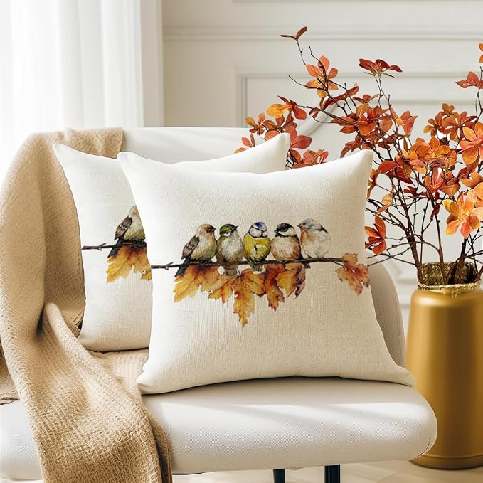 RABUSOFA Fall Pillow Covers 18x18 Inch Watercolor Bird Autumn Decorations for Home Outdoor Thanksgiving Decor Maple Leaf Decorative Throw Pillow Cases Farmhouse for Couch Sofa