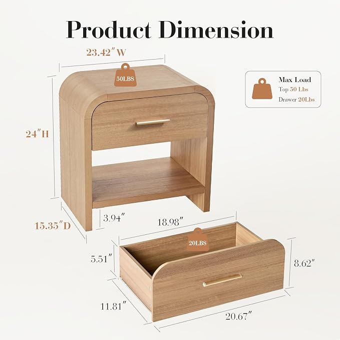Night Stand Set of 2, 2-Drawer | [Curved Profile] [FSC-Certified Wooden Board] Nightstand 24" H Metal Handle Modern Bedside Table Side Table End Table
