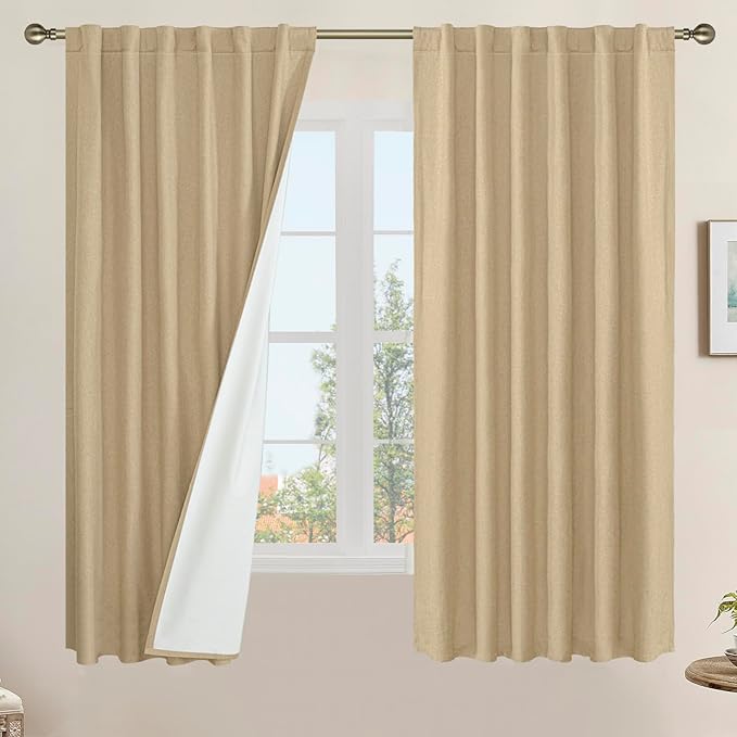 Natural 100% Blackout Linen Bedroom Curtains 63 Inches 2 Panels | Full Room Darkening, Thermal Curtains, Neutral Panels for Farmhouse, Rod Pocket Back Tab, White Liner, 52 x 63 Inch, Burlap