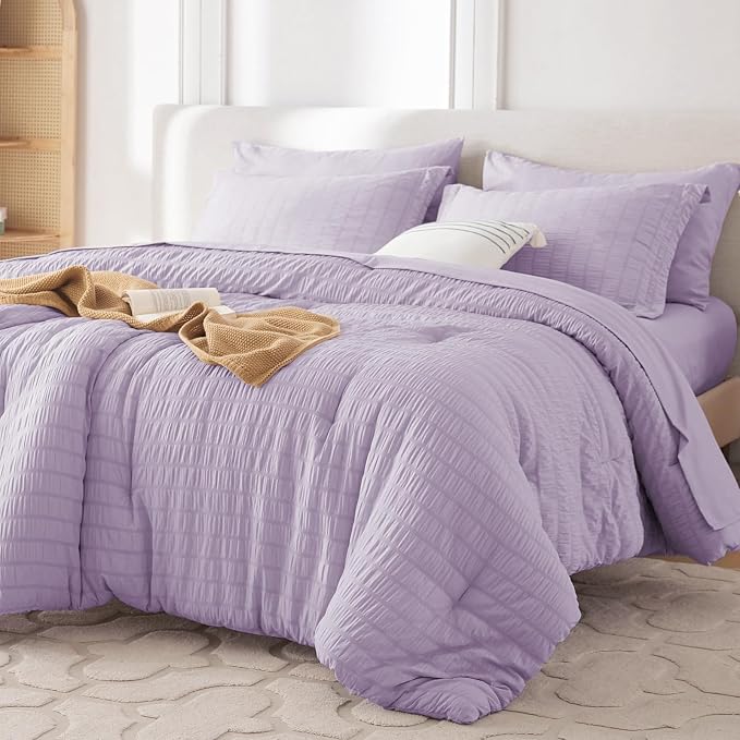7 Pieces Oversized King Comforter Set, Seersucker Bed in a Bag Oversized King Size, All Season Luxury Bedding Set with Comforter, Flat Sheet, Fitted Sheet, Pillowcases & Shams, Lavender