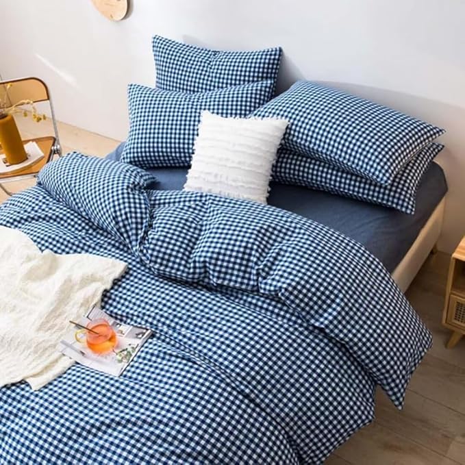 LifeTB Royal Blue Gingham Comforter Set King Modern Style Blue Plaid Checkered Comforter Set Soft Fluffy Grid Bed Comforter 3 Pieces Farmhouse Bedding Set Plaid Gingham Bedding Comforter King