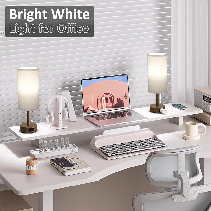 Brown Bedside Table Lamps Set of 2 - Bedroom Lamp for Desk, AC Outlet | 3CCT(3000K/4000K/5000K), LED Bulbs Included, Beige Fabric Lampshade, 14in Small Lamp for Nightstand, Guest Room, Living Room