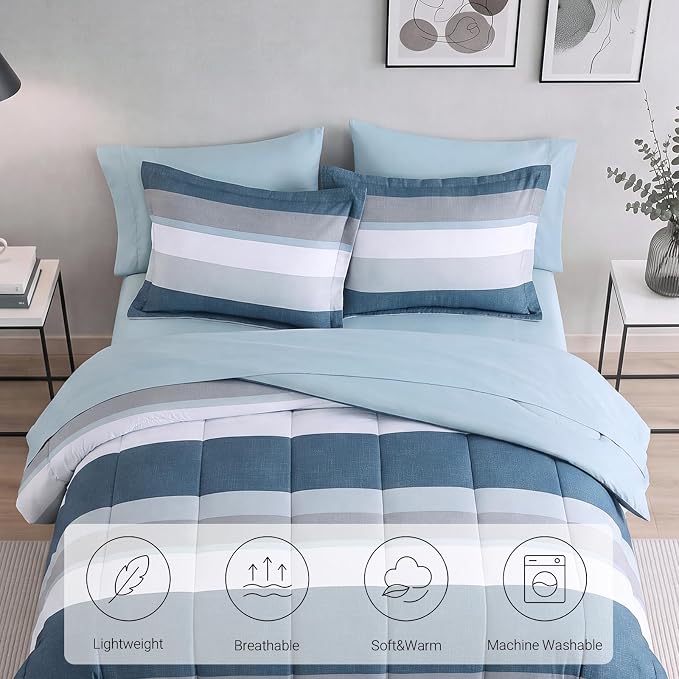 Monbix King Size Comforter Set-7 Pieces Soft Bed in a Bag King Bedding Set | All Season Sailor Blue Striped Reversible Comforter with Sheets, Pillowcases & Shams