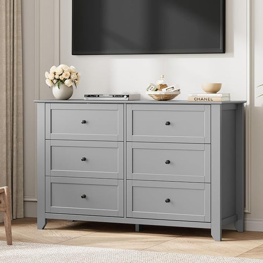 Garvee 6 Drawer Dresser for Bedroom, 47.2" Wide Modern Large Chest of Drawers with Metal Knobs, Wooden Clothes Storage Organizer for Closet, Nursery, Living Room, Apartment, Grey | Lacquered Finish, Metal Knobs, Clothes Storage Organizer for Closet, Nu...