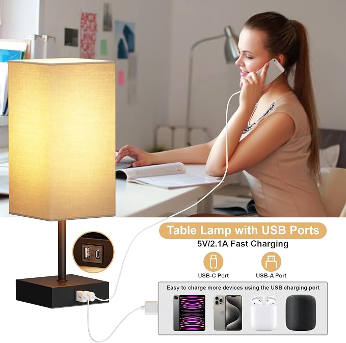 Touch Bedside Table Lamp for Bedroom, 14-Inch, Beige, Set of 2 | USB A+C Ports, Touch 3-Way Dimmable LED Bulb Included Fabric Lampshade Metal Base Small Nightstand Lamp for Desk Living Room
