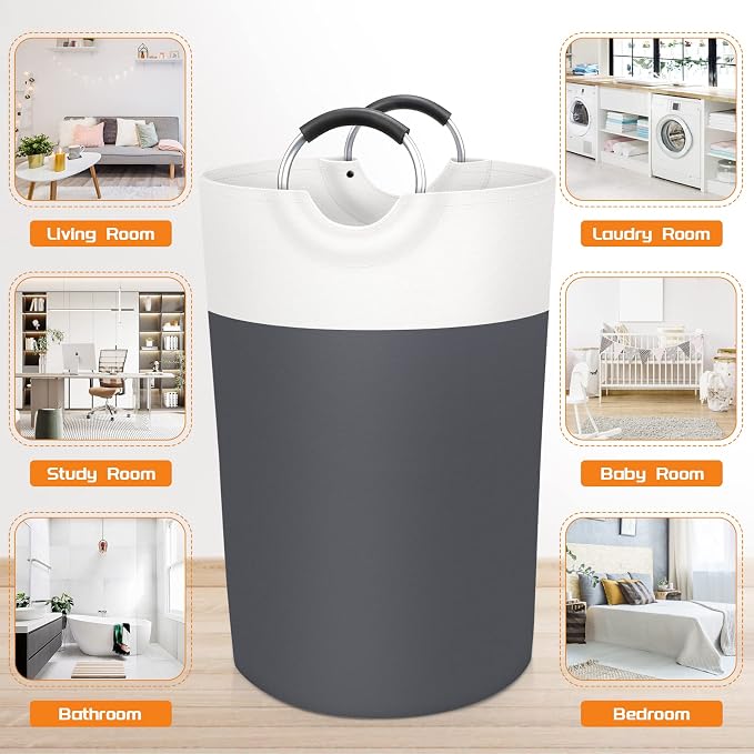 BlissTotes 115L Laundry Basket, Freestanding Collapsible Hamper, Gray | Collapsible Dirty Clothes Hamper, Foldable Laundry Bag for Dorm, Waterproof Fabric, Padded Aluminum Handles