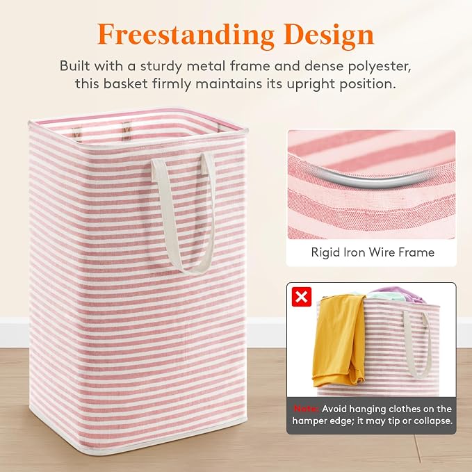 Lifewit 75L Large Collapsible Laundry Basket with Extended Handles, Pink | Foldable Laundry Hamper, Tall Dirty Clothes Basket, Waterproof, Freestanding Design for Bedroom, Bathroom, College Dorm