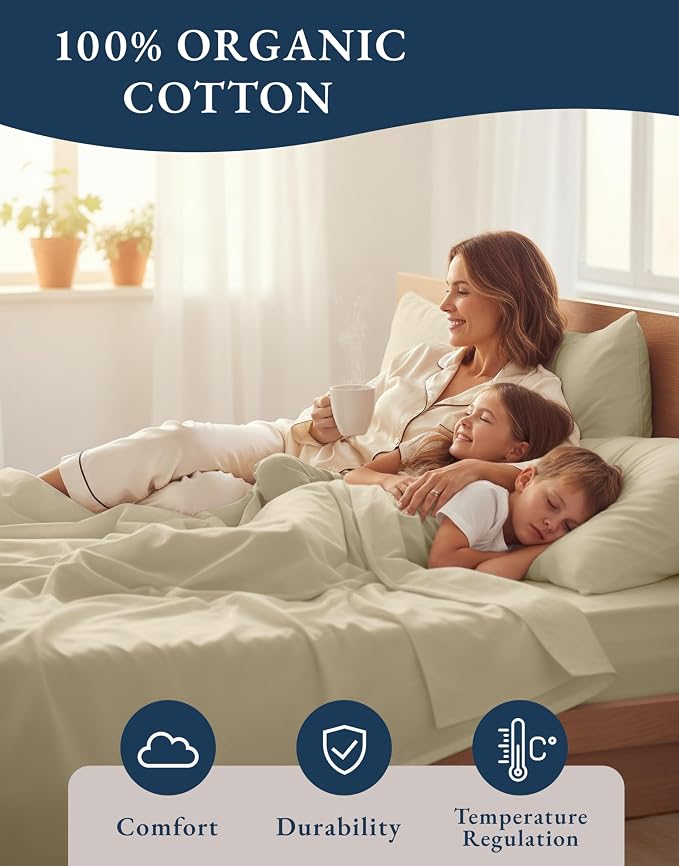 LANE LINEN 100% Organic Cotton Bed Sheets Full Size, Fully Elasticized Reinforsed Seams in Fitted Pocket, Machine Washable Naturally Cooling Full Sheet Deep Pocket Bedding- Linen