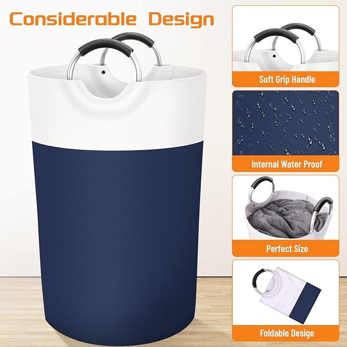 BlissTotes 115L Laundry Basket, Freestanding Collapsible Hamper, Blue | Collapsible Dirty Clothes Hamper, Foldable Laundry Bag for Dorm, Waterproof Fabric, Padded Aluminum Handles