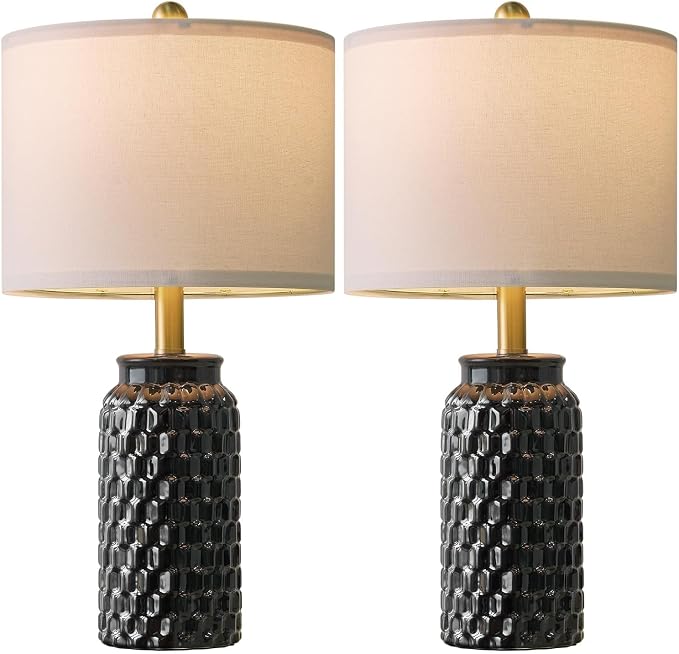 USumkky 20.5" Black Modern Ceramic Bedside Lamp Set of 2 for Bedroom Decor Farmhouse Table Lamp for Living Room Office Dorm