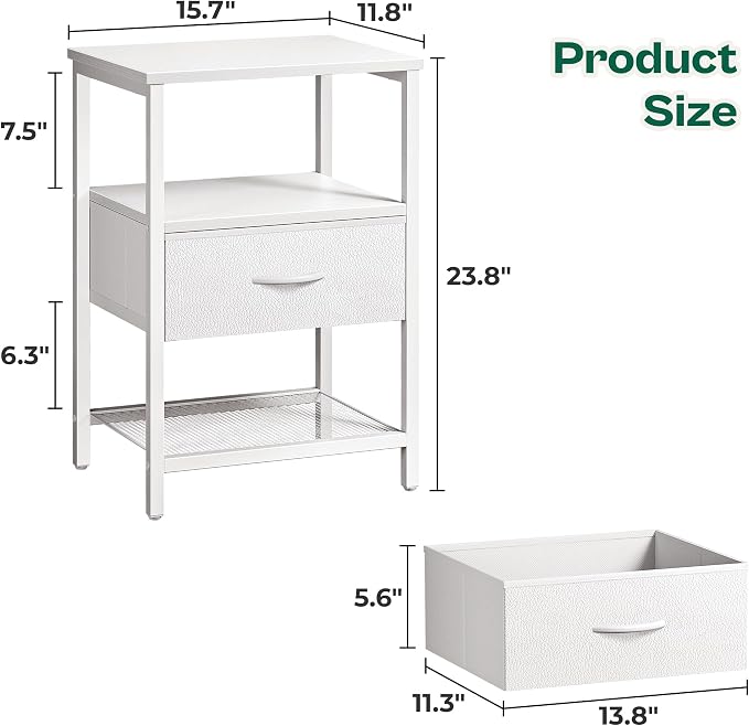 Huuger Nightstand Set of 2, Night Stand with Fabric Drawer, Mesh Shelf | Side Table with Storage, Fabric Drawer Dresser, Open Shelf, Metal Frame, Bedroom, White