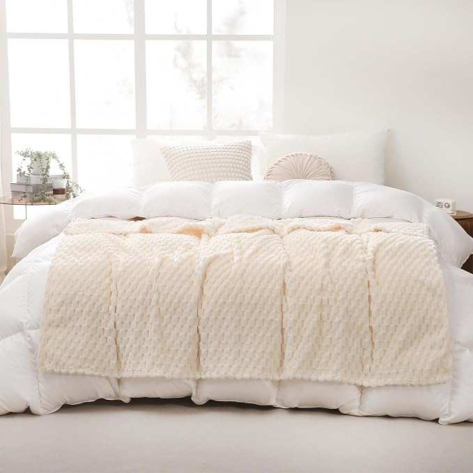 Cream White Throw Blanket 50"×60" inches Fuzzy 3D Jacquard Decorative | Flannel Fleece Super Soft Plush Cozy Blanket for Couch Sofa Chair Lightweight