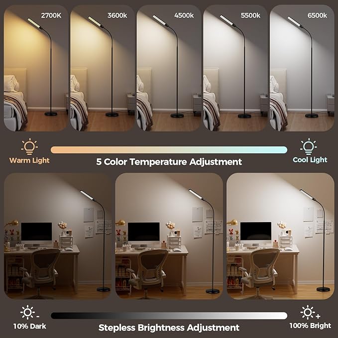 LED Floor Lamp for Living Room,Bright Reading Lamps for Office | 5 Adjustable Colors Temperatures&Brightness, Dual Head Goose-Neck Standing Lamp, Remote Control, Eye Caring Tall Lamp, Black