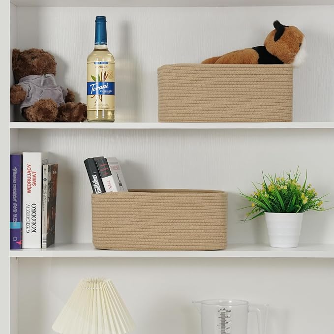 3 Pack Small Storage Baskets for Organizing, 11.8×7.8×5.1", Brown | Woven Baskets for shelves, Cotton Rope Basket for Gifts Empty, Closet Organizer Bins with Handles, Cube Decorative Box