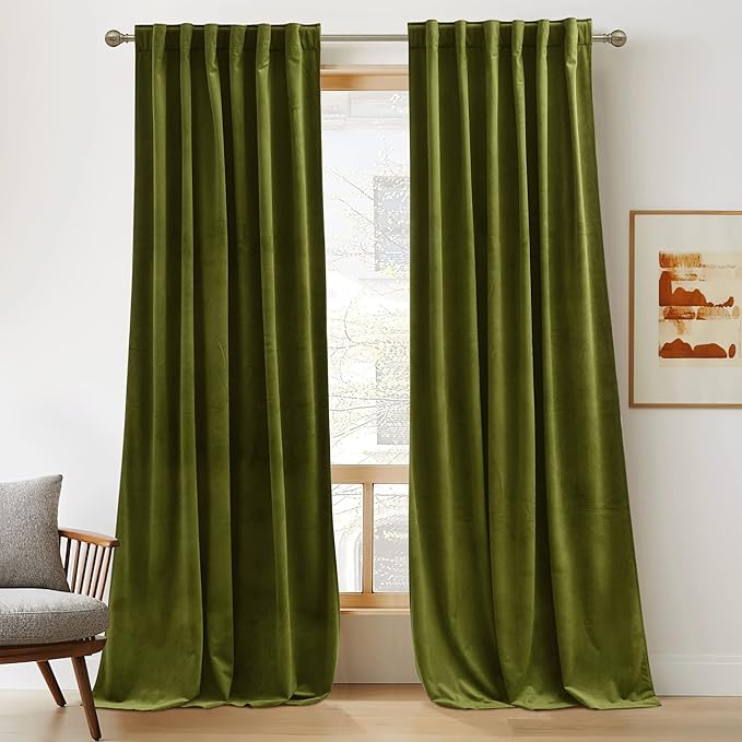 RYB HOME Velvet Curtains 108 inches Long, Extra Long High Ceiling Curtains | Thermal Insulated, Luxurious Home Decor, Curtains for Apartment Loft Large Windows, W52 x L108, Moss Green, 2 Panels Set